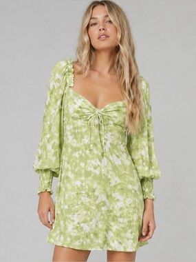 Faithfull the Brand Arianne Mini Dress Green Print Puff Sleeve Small